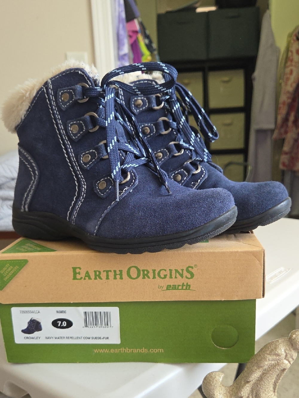 Earth Origins Navy Suede Lace-Up Faux-Fur Ankle Boots